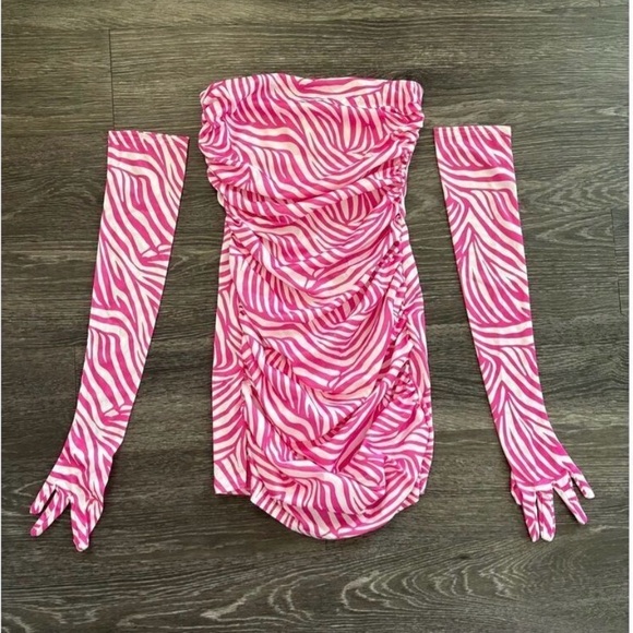 NWOT Miscreants Pink & White Zebra Cupid Mini Dress With Gloves Sz US 14/ UK 18 - Picture 2 of 6